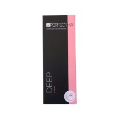 The image shows a Perfectha Deep 1 x 1 mL injectable hyaluronic acid box. The packaging is black with a vertical pink stripe on the right. The Perfectha logo is displayed at the top, and a circular sticker is placed at the bottom right corner.
privatepha