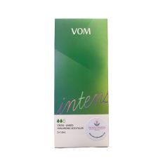 A green box with branding that reads "VOM" and "intens," containing cross-linked hyaluronic acid filler. The box features capacity information (2x1.0ml) and a Private Pharma sticker