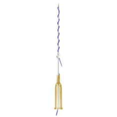 A gold and purple dental file used in endodontic treatments is shown. The tool features a thin, elongated, twisted metal design extending from a golden base, typically used for cleaning and shaping root canals. Mini Cog Screw size 25 gauge 38mm